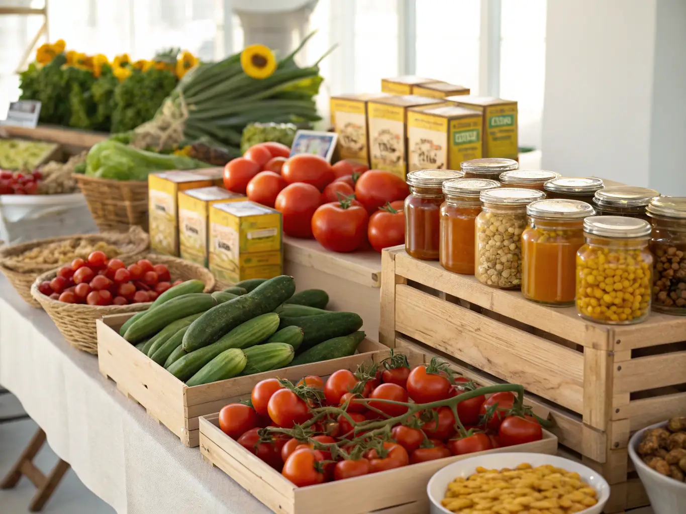 A vibrant display of fresh fruits and vegetables being prepared for export, showcasing Atlantic Crown Exports LLC's commitment to quality control and food safety.