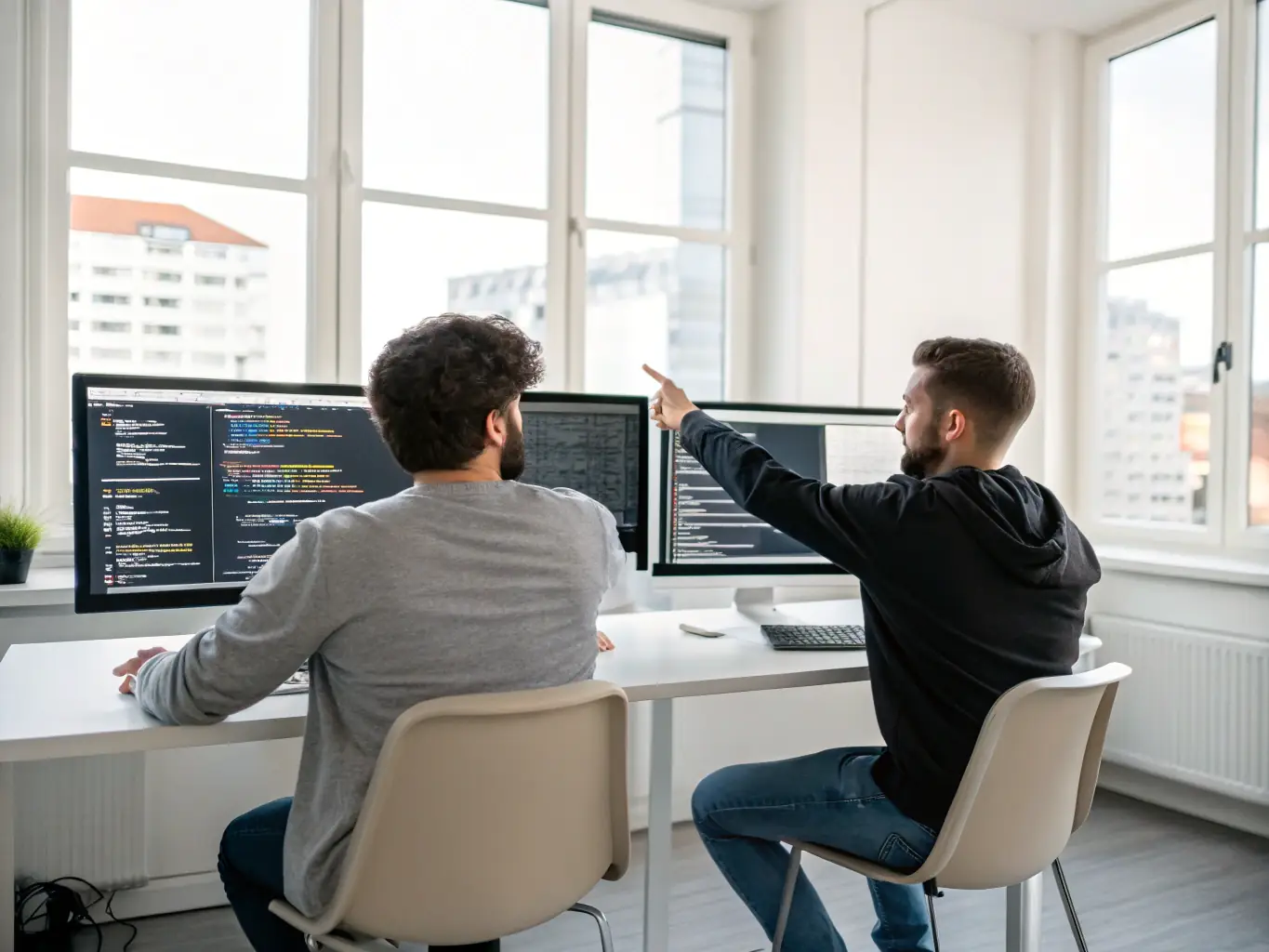 Software developers working on a custom software solution, with lines of code visible on their screens, symbolizing the tailored software development services offered by Atlantic Crown Exports LLC.