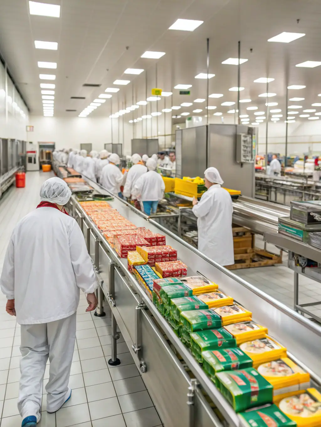 An image of a modern food processing facility with workers in sterile environments, emphasizing the company's commitment to food safety and quality control.