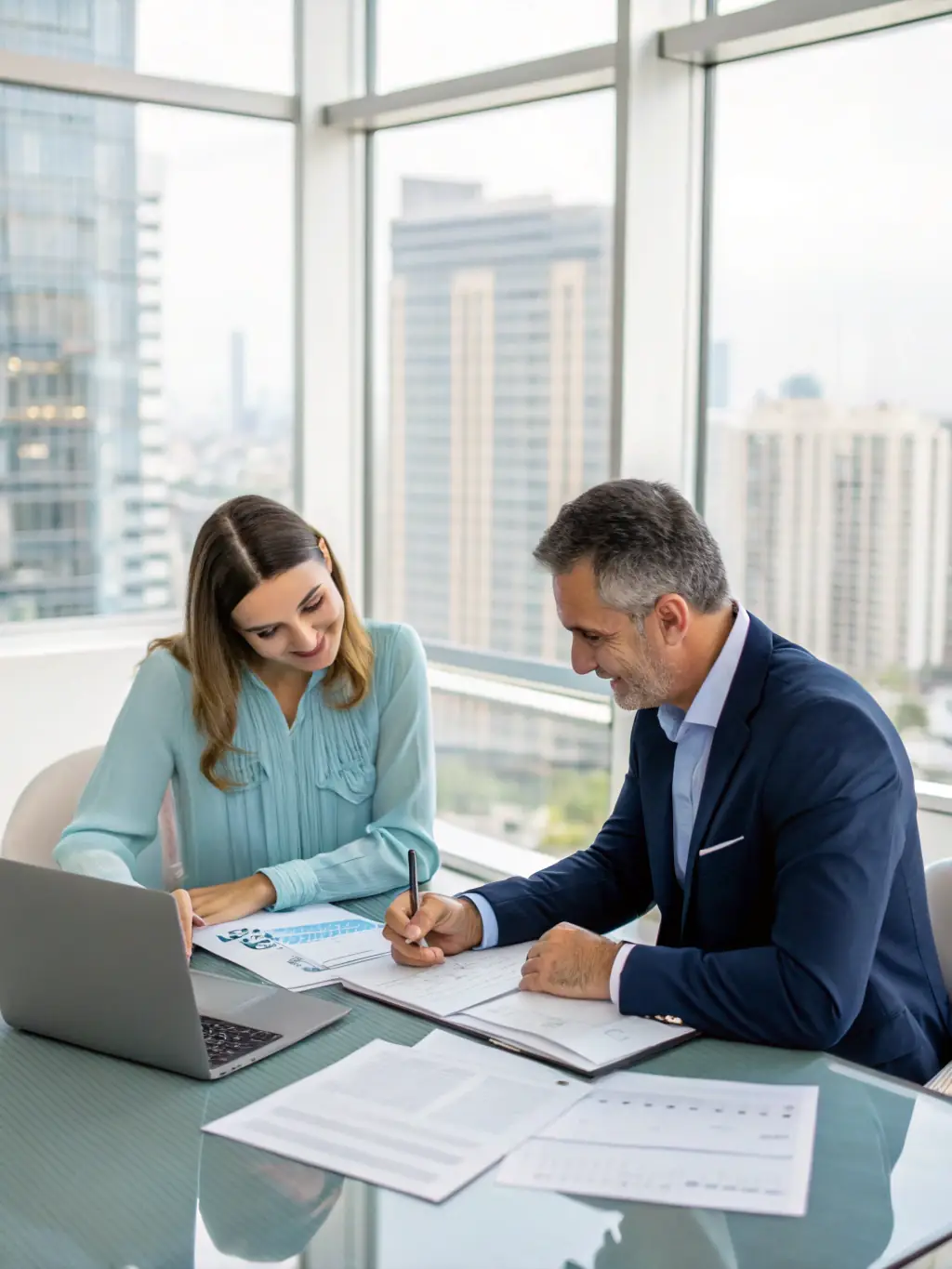 A professional setting with a consultant advising a client on food export regulations, highlighting the advisory services offered by Atlantic Crown Exports LLC.
