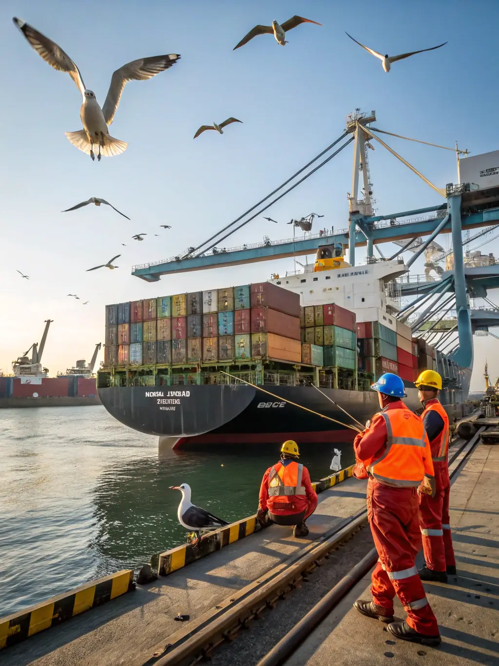 A photograph of a cargo ship being loaded with containers, symbolizing the logistical capabilities of Atlantic Crown Exports LLC in handling large-scale food exports.