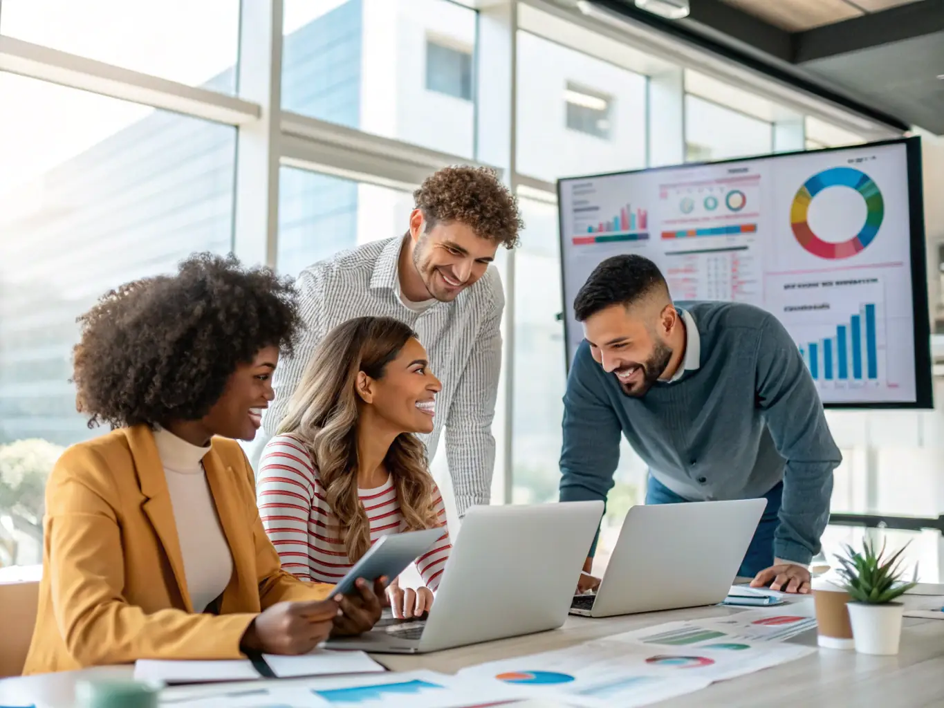 A diverse team of digital marketing experts collaborating on laptops, illustrating Atlantic Crown Exports LLC's digital services for global expansion.