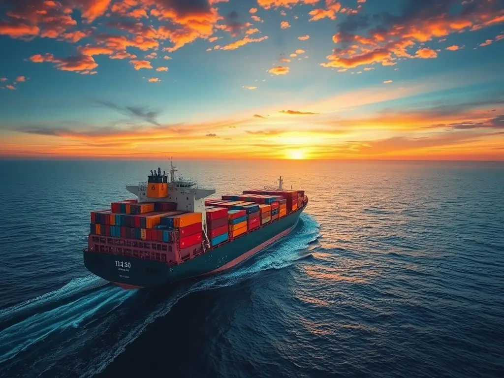 A modern cargo ship sailing across the ocean at sunset, symbolizing the global reach and logistical capabilities of Atlantic Crown Exports LLC in vehicle export.