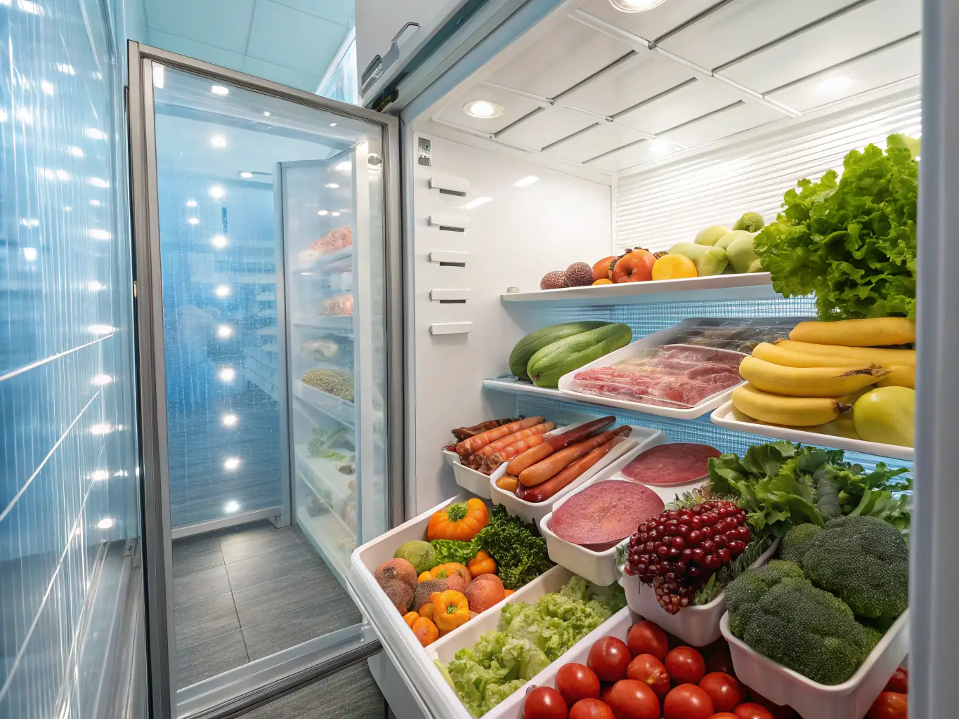 A variety of fresh food products, including fruits, vegetables, and packaged goods, being inspected and prepared for export at a busy warehouse.