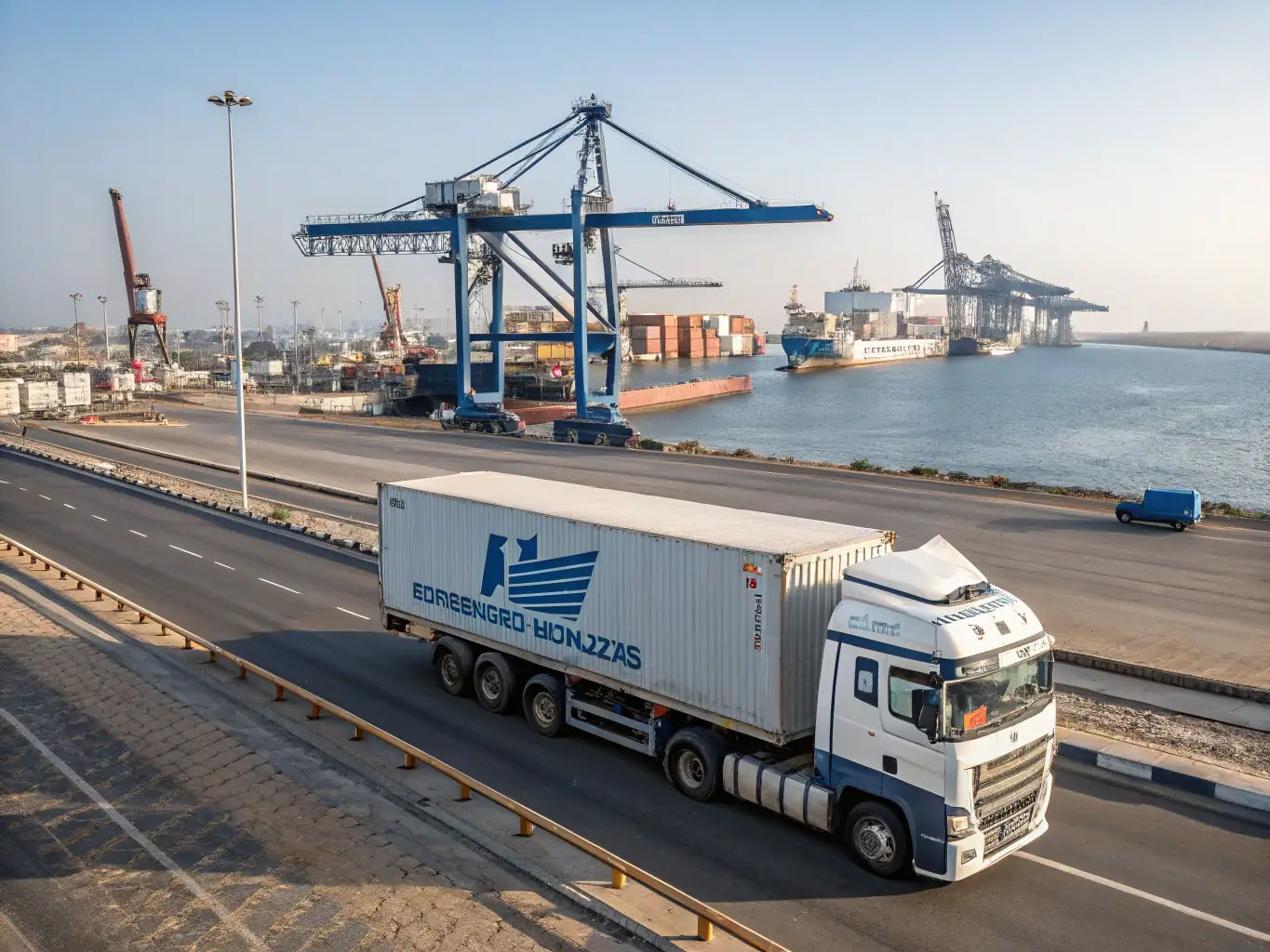 A fleet of diverse vehicles being loaded onto a cargo ship at a busy port, symbolizing international vehicle export.